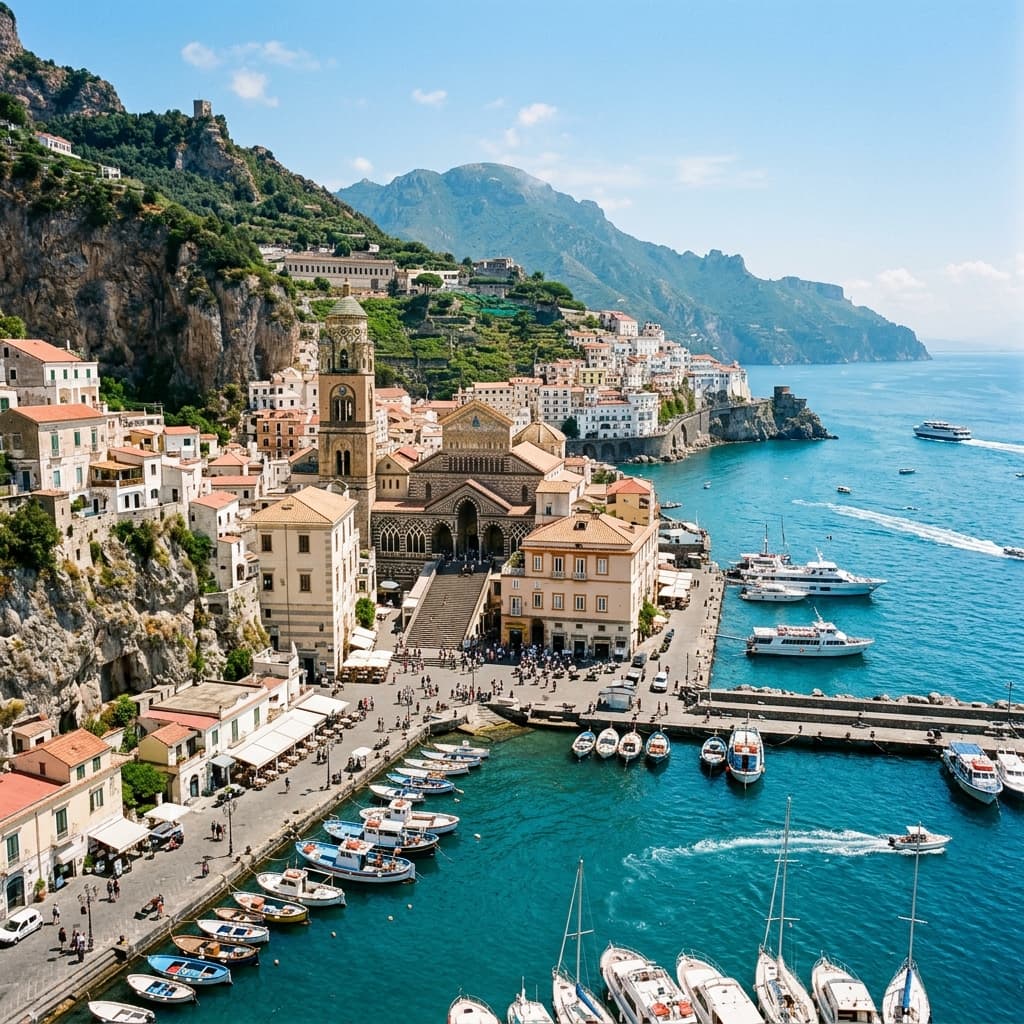 Amalfi town seafront with its striped medieval cathedral