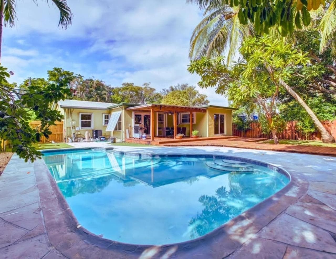 Tranquil Poolside Bliss Pergola Deck Turf Yard — 6