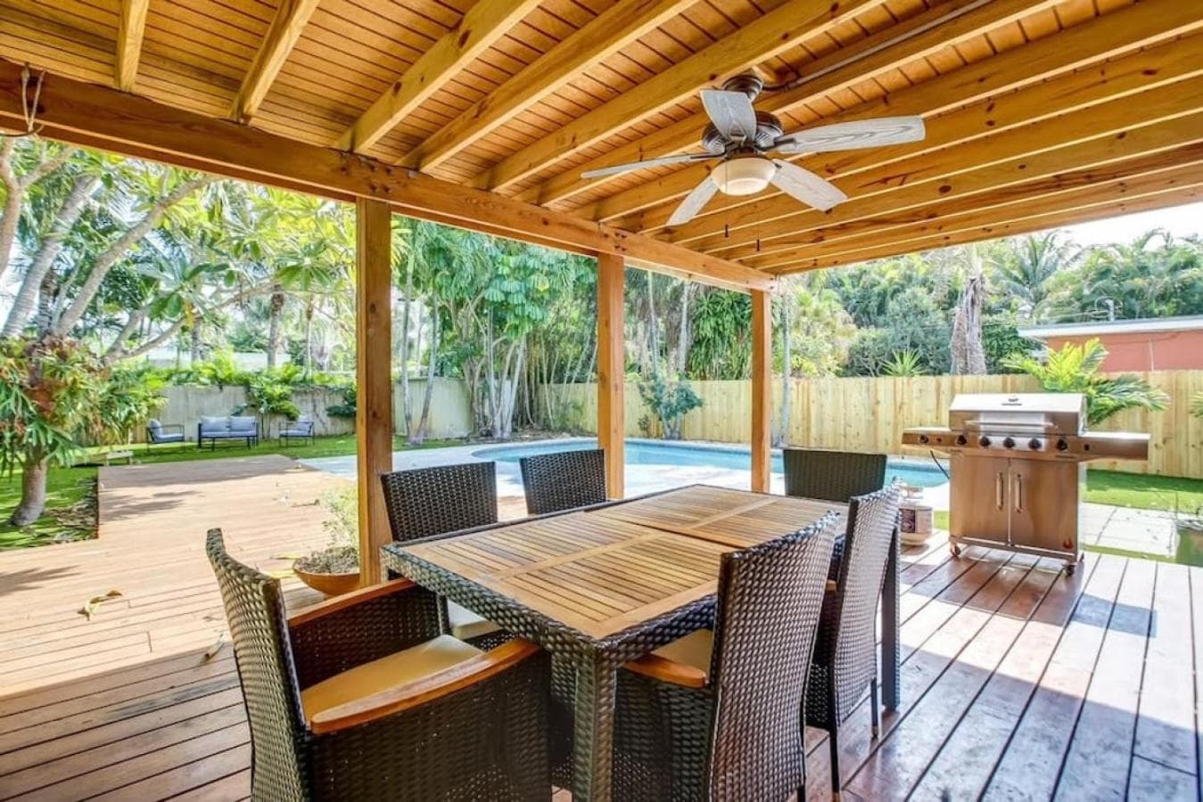 Tranquil Poolside Bliss Pergola Deck Turf Yard — 9