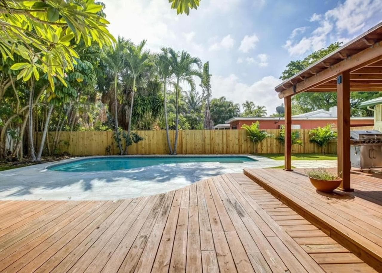 Tranquil Poolside Bliss Pergola Deck Turf Yard — 3