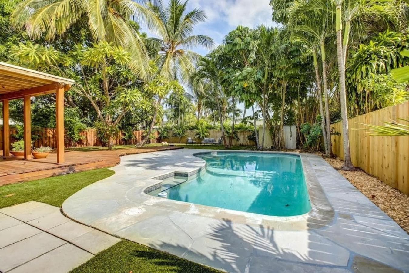 Tranquil Poolside Bliss Pergola Deck Turf Yard — 4