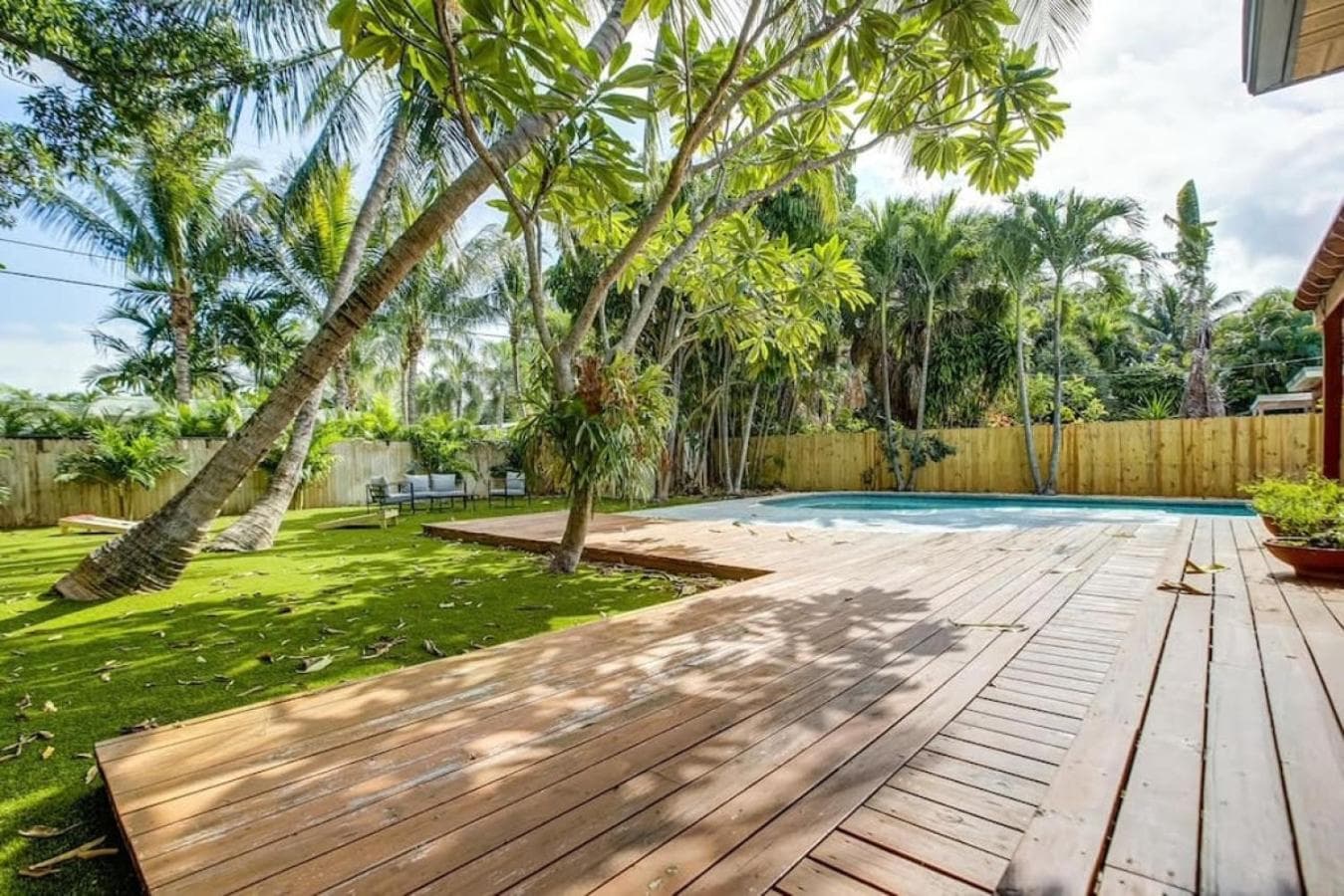Tranquil Poolside Bliss Pergola Deck Turf Yard — 8