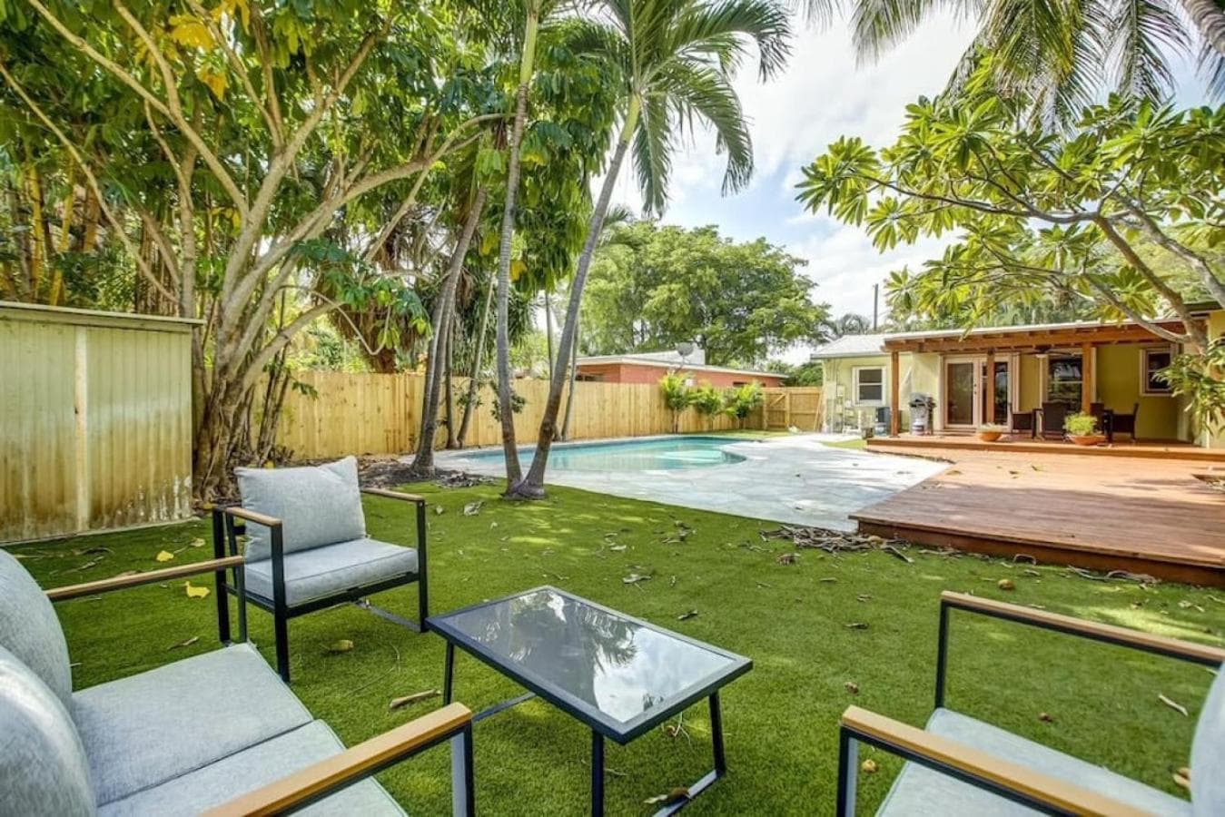 Tranquil Poolside Bliss Pergola Deck Turf Yard — 7