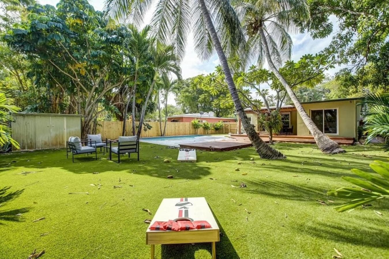Tranquil Poolside Bliss Pergola Deck Turf Yard — 5